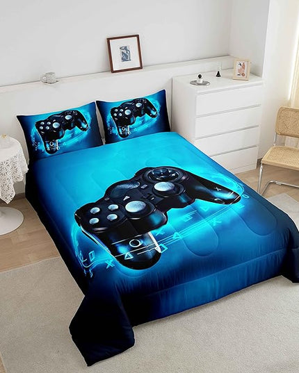 Feelyou Gamer Bedding Set for Boys Full Size Comforter Set Kids Gaming Comforter Blue Gamer Room Decor Video Game Gamepad Bed Set Teens Teenage Bedding Soft Warm 1 Comforter with 2 Pillowcases - LeafyLoom