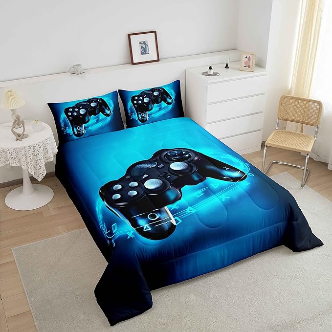 Feelyou Gamer Bedding Set for Boys Full Size Comforter Set Kids Gaming Comforter Blue Gamer Room Decor Video Game Gamepad Bed Set Teens Teenage Bedding Soft Warm 1 Comforter with 2 Pillowcases - LeafyLoom