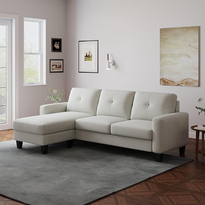 L Shaped Convertible Sectional Sofa, 3 Seater Linen Fabric Corner Couch with Reversible Chaise Movable Ottoman, Button Tufted Sofa&Couches for Small Apartments, Living Rooms and Offices - LeafyLoom