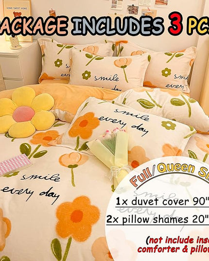MorroMorn Queen Duvet Cover Orange Flowers, Floral Bedding Sets, Plush Fluffy Comforter Covers Set, Down Alternative Blanket Ultra Soft for Girls Kids Teen Women Full Double Size - LeafyLoom