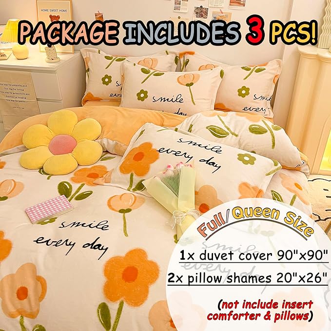 MorroMorn Queen Duvet Cover Orange Flowers, Floral Bedding Sets, Plush Fluffy Comforter Covers Set, Down Alternative Blanket Ultra Soft for Girls Kids Teen Women Full Double Size - LeafyLoom