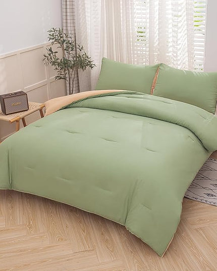 NINENINE Sage Green Comforter Set Queen,Light Green Bedding Set,Comforter Set for Women Men, Solid Color Camel Green Comforter Sets with 1 Comforter 2Pillowcases - LeafyLoom