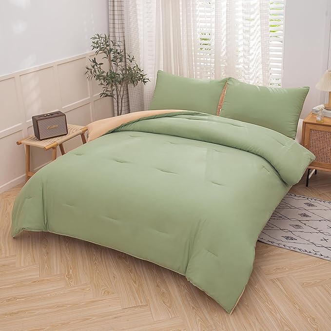 NINENINE King Comforter Set Sage Green Bedding Light Green Comforter Set Comforter Set for Women Men Solid Color Camel Green Comforter Sets with 1 Comforter 2Pillowcases - LeafyLoom
