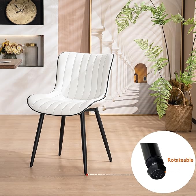 YOUNUOKE White Dining Chairs Set of 2 Upholstered Mid Century Modern Kitchen Chair Armless Faux Leather Accent Guest Chair with Back Metal Legs for Living Reception Waiting Room Bedrooms - LeafyLoom