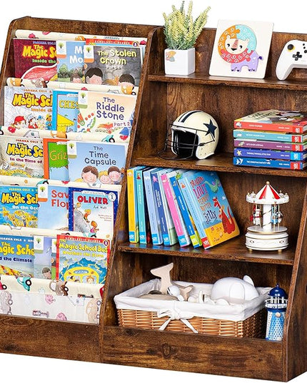 Lerliuo 4 Tier Kids Bookshelf and Storage Organizer, Five Layer Sling Children Bookcase, Baby Toddler Wooden Book Shelf, Display Cabinet for Playroom, Bedroom, Classroom, Nursery, School (Brown) - LeafyLoom