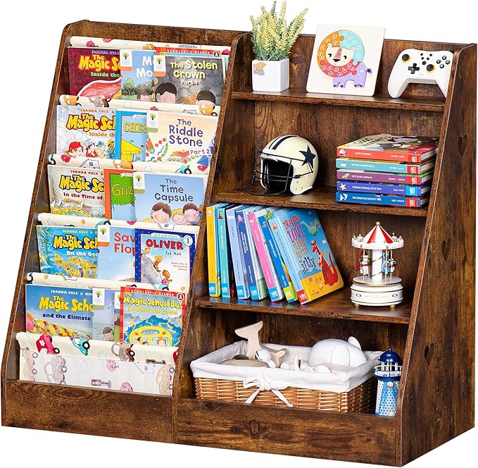 Lerliuo 4 Tier Kids Bookshelf and Storage Organizer, Five Layer Sling Children Bookcase, Baby Toddler Wooden Book Shelf, Display Cabinet for Playroom, Bedroom, Classroom, Nursery, School (Brown) - LeafyLoom