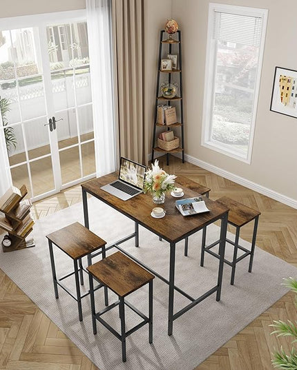Dining Table Set for 4, Bar Table and Chairs Set, Square Bar Table with 4 High Stools with Footrest, Industrial Counter Height Dining Pub Bar Table Set for 2, for Home Kitchen Breakfast, Rustic Brown - LeafyLoom
