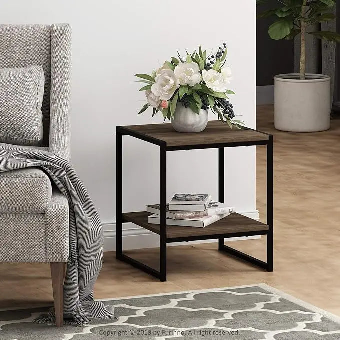 FURINNO Camnus Modern Living 2-Tier End Table, Columbia Walnut, 15.9 in x 15.75 in x 18 in - LeafyLoom