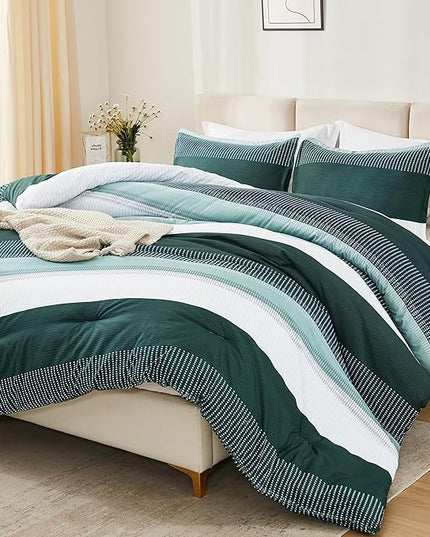 Litanika Dark Emerald Green California King Comforter Set - 3 Pieces Cal King Oversized Lightweight Summer Colorblock Stripe Bedding Set (104x96In, 2 Pillowcases) - LeafyLoom