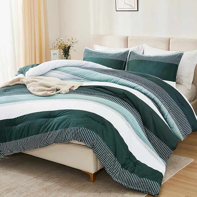Litanika Dark Emerald Green California King Comforter Set - 3 Pieces Cal King Oversized Lightweight Summer Colorblock Stripe Bedding Set (104x96In, 2 Pillowcases) - LeafyLoom