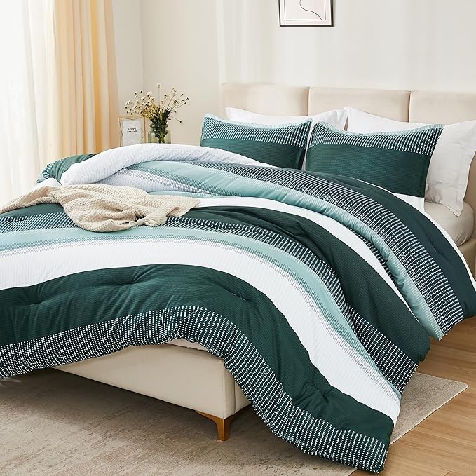 Litanika Dark Emerald Green Bed Comforter Full Set, 3 Pieces Hunter Green Bedding Set, Colorblock Stripe Vintage Style (79x90In Comforter & 2 Pillowcases) - LeafyLoom
