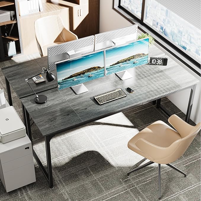 Computer Desk, 70 Inch Office Desk, Gaming Desk with Storage, Writing Desk Work Desk for Home Office, Study, Long Simple Desk, Large Legroom, Metal Frame, Grey - LeafyLoom