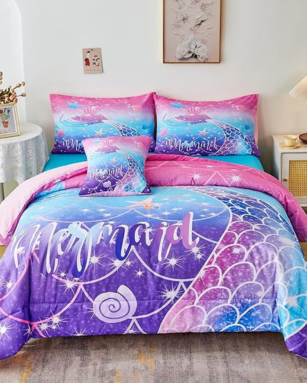 RYNGHIPY Mermaid Comforter Set 6Pcs, Kids Gilrs Bed in a Bag Full Size, Mermaid Tail Print Teens Girls Bedding Set, Rainbow Bedding Collections - LeafyLoom
