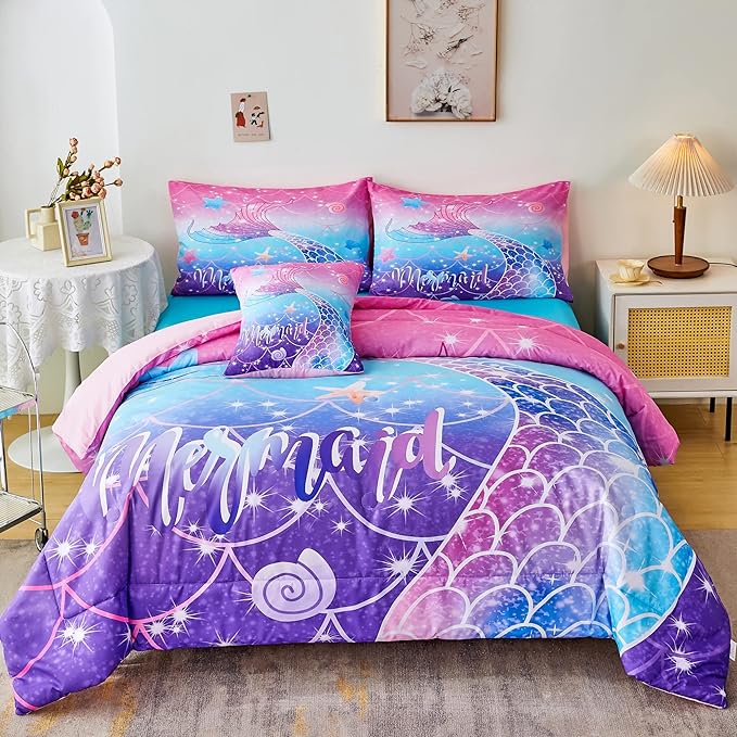 RYNGHIPY Mermaid Comforter Set 6Pcs, Kids Gilrs Bed in a Bag Full Size, Mermaid Tail Print Teens Girls Bedding Set, Rainbow Bedding Collections - LeafyLoom