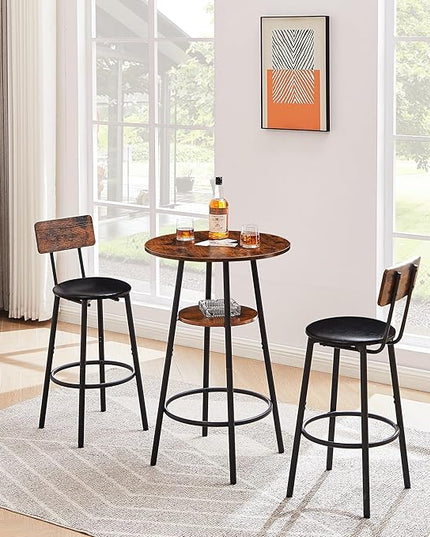 3 Pieces Bistro Table and Chairs Set, Industrial Counter Height Round Bar Table with Storage Shelf, 2 PU Upholstered Seat Stools with Backrest & Footrest, for Kitchen, Bar, Small Space, Rustic Brown - LeafyLoom