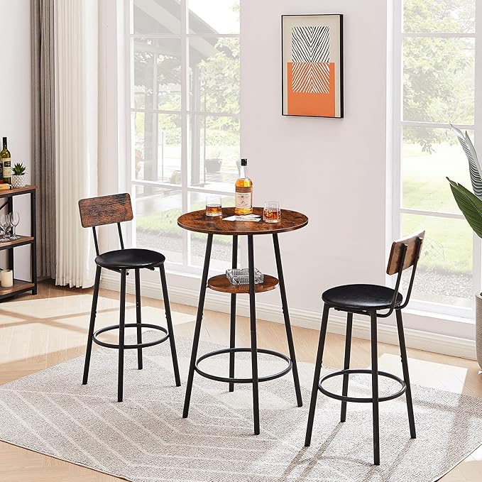 3 Pieces Bistro Table and Chairs Set, Industrial Counter Height Round Bar Table with Storage Shelf, 2 PU Upholstered Seat Stools with Backrest & Footrest, for Kitchen, Bar, Small Space, Rustic Brown - LeafyLoom