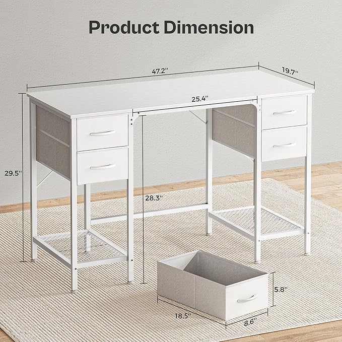 47 Inch Computer Desk with 4 Drawers, Office Desk with Mesh Shelf, Gaming Desk, Large Storage, Writing Desk Work Desk for Home Office, Study, Bedroom, Work from Home, White - LeafyLoom