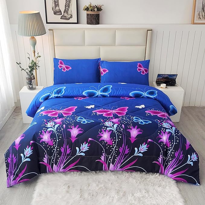 SDY 3PCS Butterfly Comforter Set Full, Butterflies Floral Comforter Set, Purple Comforter Full Size, Girls Bedroom Princess Bedding Set for Kids, Toddler, Children, Teenage, Baby, Women… - LeafyLoom