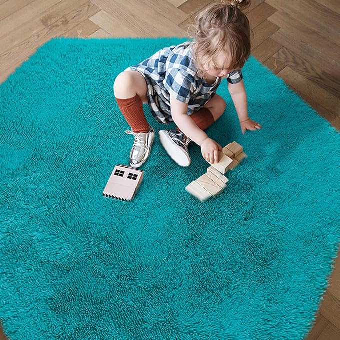 junovo Ultra Soft Rug for Nursery Children Room Baby Room Home Decor Dormitory Hexagon Carpet for Playhouse Princess Tent Kids Play Castle, Diameter 4.6 ft, Teal Blue - LeafyLoom