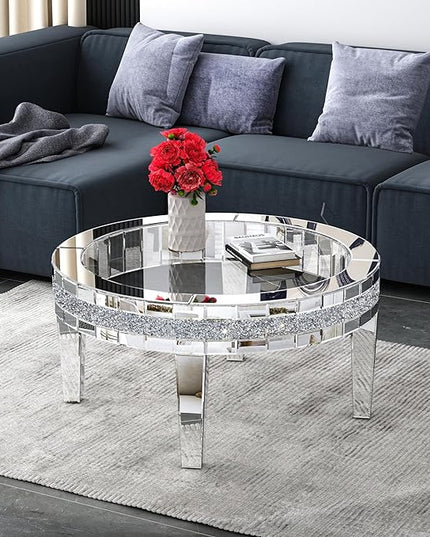 35.5'' Mirrored Round Coffee Table for Living Room, Modern Glass Coffee Table with Crystals Inlay, Silver Accent Table for Home & Office, 1 PC - LeafyLoom