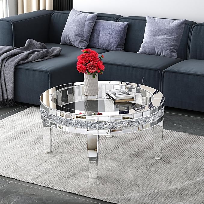 35.5'' Mirrored Round Coffee Table for Living Room, Modern Glass Coffee Table with Crystals Inlay, Silver Accent Table for Home & Office, 1 PC - LeafyLoom