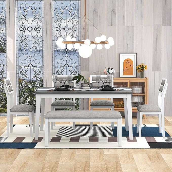 Classic and Traditional Style, Includes 1, 4 Upholstered Chairs & Bench, Easy to Assemble, for Living Room, Home Bar and Kitchen, 6 Piece Dining Table Set, White+Gray 38 - LeafyLoom