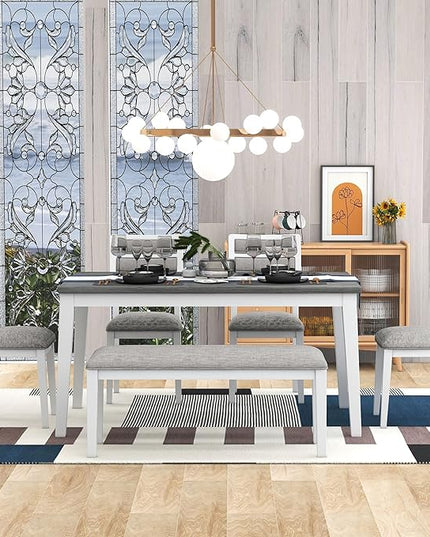 6-Piece Wood Rectangular Dining Table Set with 4 Upholstered Chairs & Bench for Home Kitchen Room, Classic and Traditional Style, 1, White+Gray 1 - LeafyLoom