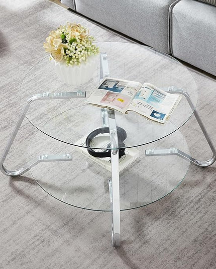 HOMBAZAAR Glass Coffee Table, Modern Coffee Table with Metal Frame and Tempered Glass Tabletop, 2-Tier Chrome Round Center Table for Living Room, Meeting Room, Silver - LeafyLoom