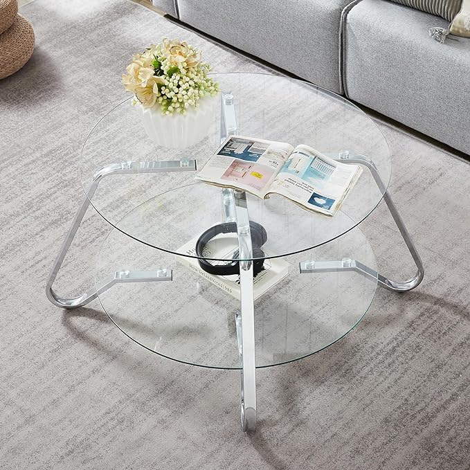 HOMBAZAAR Glass Coffee Table, Modern Coffee Table with Metal Frame and Tempered Glass Tabletop, 2-Tier Chrome Round Center Table for Living Room, Meeting Room, Silver - LeafyLoom