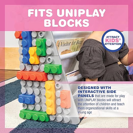 UNiPLAY Kids 4-Tier Book Storage Organizer with Sling Book Pockets, Plastic Sling Rack Bookshelf for Playroom, Fits Blocks, Gray/Primary - LeafyLoom