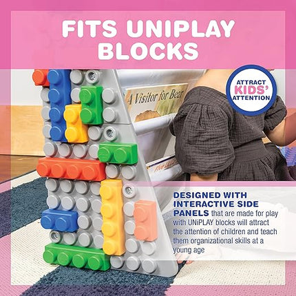 UNiPLAY Kids 4-Tier Book Storage Organizer with Sling Book Pockets, Plastic Sling Rack Bookshelf for Playroom, Fits Blocks, Gray/White - LeafyLoom