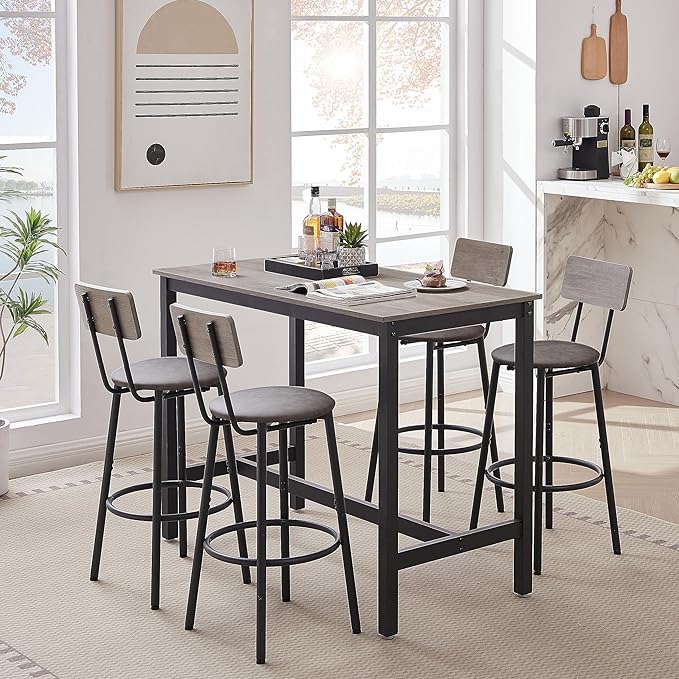 NicBex Dining Room Table Set for 4 Corner Dining Table Set Bar Table Set with 4 Bar Stools PU Soft Seat with Backrest Set for Kitchen, Dining Room, Dinette, Thicken Steel Frame, Grey - LeafyLoom