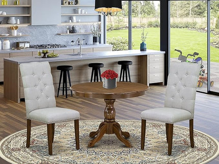 East West Furniture HBEL3-AWA-05 Hartland 3 Piece Set for Small Spaces Contains a Round Dining Room Table with Pedestal and 2 Grey Linen Fabric Parson Chairs, 42x42 Inch - LeafyLoom