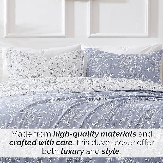 Southshore Fine Living, Inc. Full/Queen Comforter Set, Down Alternative Floral Comforter with Matching Shams, Reversible Print is 2 Colors in 1, Fits Queen & Full Beds, Winter Brush Blue/White - LeafyLoom