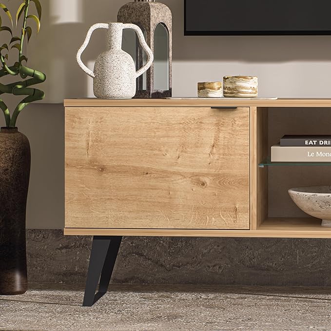 Atelier Mobili Mid Century Modern TV Stand 75 inch | Farmhouse Entertainment Center with Storage | TV Stand for 75 Inch TV | Oak TV Stand for Living Room Entertainment Center for Bedroom TV Stand - LeafyLoom