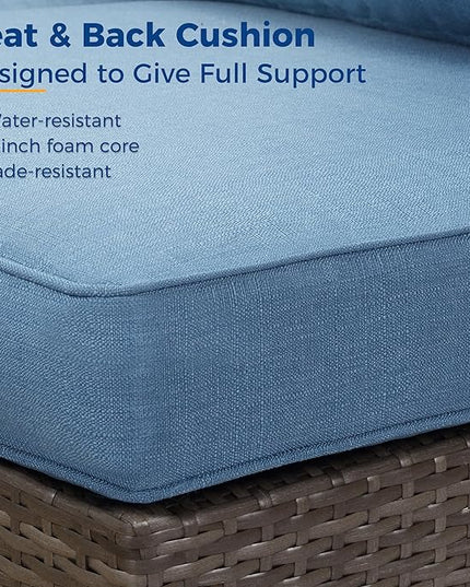 Wisteria Lane 2 Pieces Patio Furniture Sets, Outdoor Sectional Furniture with Armless Sofa, Tempered Glass Table and Cushion, Patio Conversation Sets for Garden Backyard, Blue - LeafyLoom
