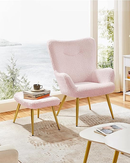 Yaheetech Accent Chair with Ottoman, Boucle Fabric Armchair Footstool, Modern and Cozy Vanity Chair with Golden Legs for Living Room, Lounge, Makeup Room, Bedroom, Pink - LeafyLoom