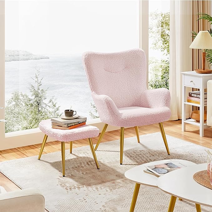 Yaheetech Accent Chair with Ottoman, Boucle Fabric Armchair Footstool, Modern and Cozy Vanity Chair with Golden Legs for Living Room, Lounge, Makeup Room, Bedroom, Pink - LeafyLoom