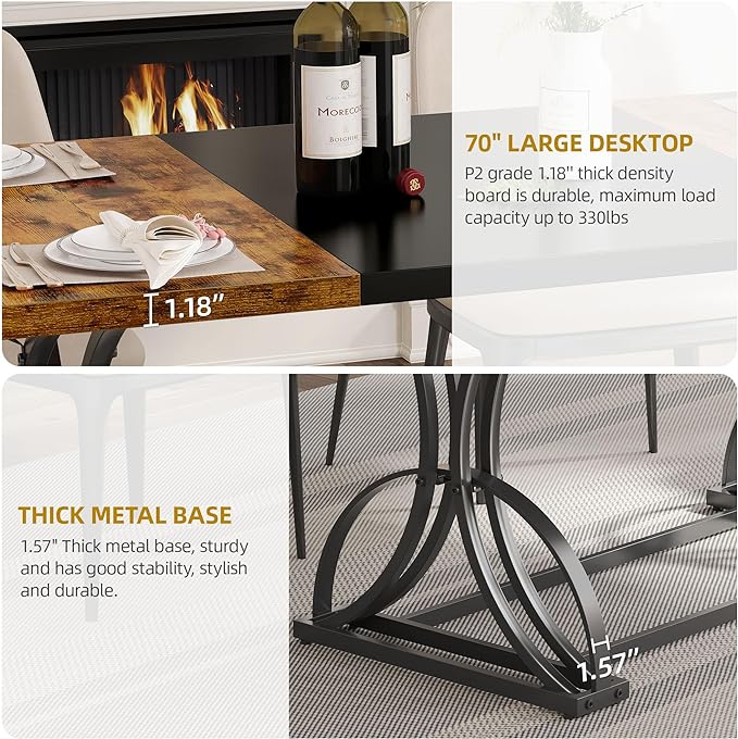DWVO 70.3" Large Farmhouse Dining Table for 6-8 People, Rectangular Rustic Brown Kitchen Dining Room Table Industrial Wood Style with Heavy Duty Metal Legs, Apartment Dinette Tables for Eating Dinner - LeafyLoom