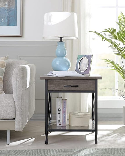 Leick Home 23007 Chisel & Forge One Drawer X Design Mixed Metal and Wood Side Table with Shelf, Smoke Gray and Matte Black, 22 in x 24 in x 24 in - LeafyLoom