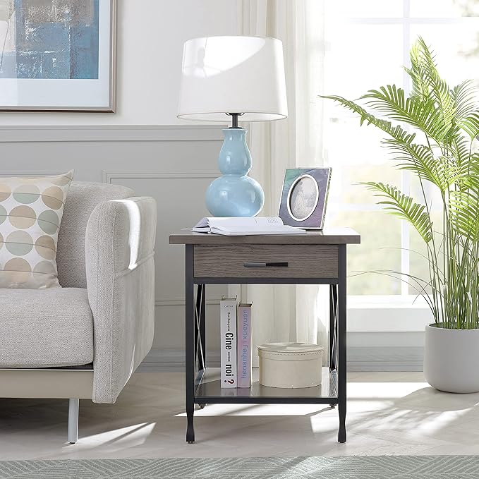 Leick Home 23007 Chisel & Forge One Drawer X Design Mixed Metal and Wood Side Table with Shelf, Smoke Gray and Matte Black, 22 in x 24 in x 24 in - LeafyLoom