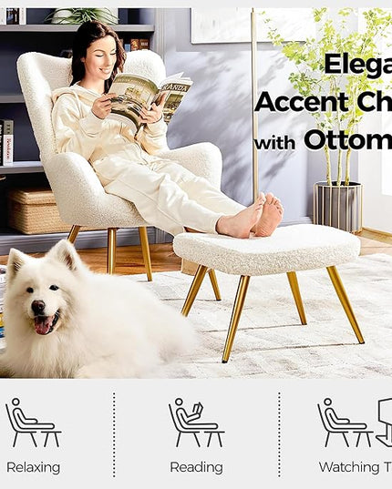 Yaheetech Accent Chair and Ottoman Set, Sherpa Armchair with Golden Metal Legs and High Back, Footstool for Living Room, Lounge, Ivory - LeafyLoom