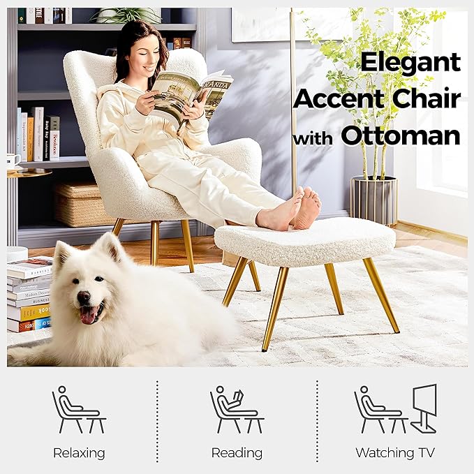 Yaheetech Accent Chair and Ottoman Set, Sherpa Armchair with Golden Metal Legs and High Back, Footstool for Living Room, Lounge, Ivory - LeafyLoom