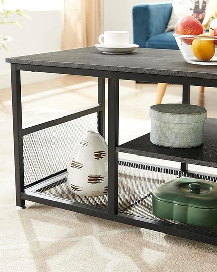VECELO Coffee Center Table with Storage for Living Room Office Reception, Modern & Industrial Mesh Shelf, 39.4 Inch, Charcoal Grey - LeafyLoom
