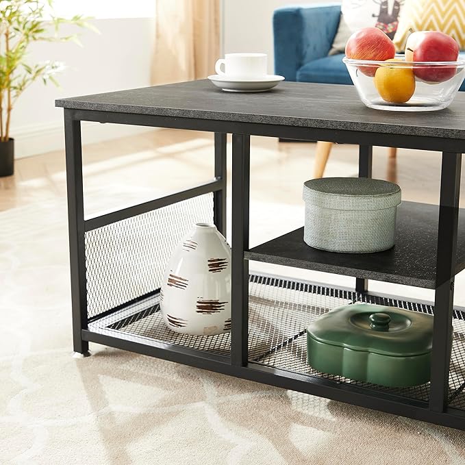 VECELO Coffee Center Table with Storage for Living Room Office Reception, Modern & Industrial Mesh Shelf, 39.4 Inch, Charcoal Grey - LeafyLoom