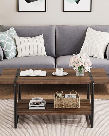 Towallmark 2-Tier Wood Coffee Table, Farmhouse Coffee Table with Storage Shelf- Rustic Metal Rectangle Center Living Room Coffee Table Accent Furniture for Home Office (Black Walnut) - LeafyLoom