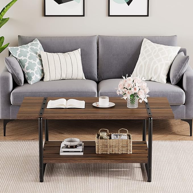 Towallmark 2-Tier Wood Coffee Table, Farmhouse Coffee Table with Storage Shelf- Rustic Metal Rectangle Center Living Room Coffee Table Accent Furniture for Home Office (Black Walnut) - LeafyLoom