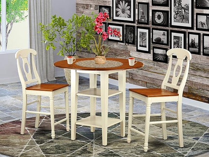 East West Furniture SUKE3H-BMK-W Sudbury 3 Piece Kitchen Counter Height Set Contains a Round Wooden Table with Dropleaf & Shelves and 2 Dining Chairs, 42x42 Inch - LeafyLoom