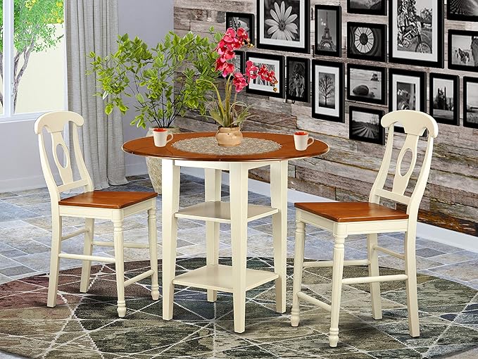 East West Furniture SUKE3H-BMK-W Sudbury 3 Piece Kitchen Counter Height Set Contains a Round Wooden Table with Dropleaf & Shelves and 2 Dining Chairs, 42x42 Inch - LeafyLoom