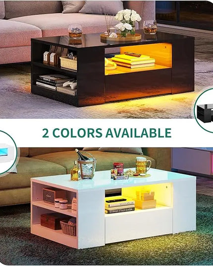 YITAHOME Modern Coffee Tables for Living Room, High Gloss LED Coffee Table, Storage Coffee Table, Small Coffee Table, Wood Center Table with 2 Sliding Drawers and Open Side Shelf,White - LeafyLoom